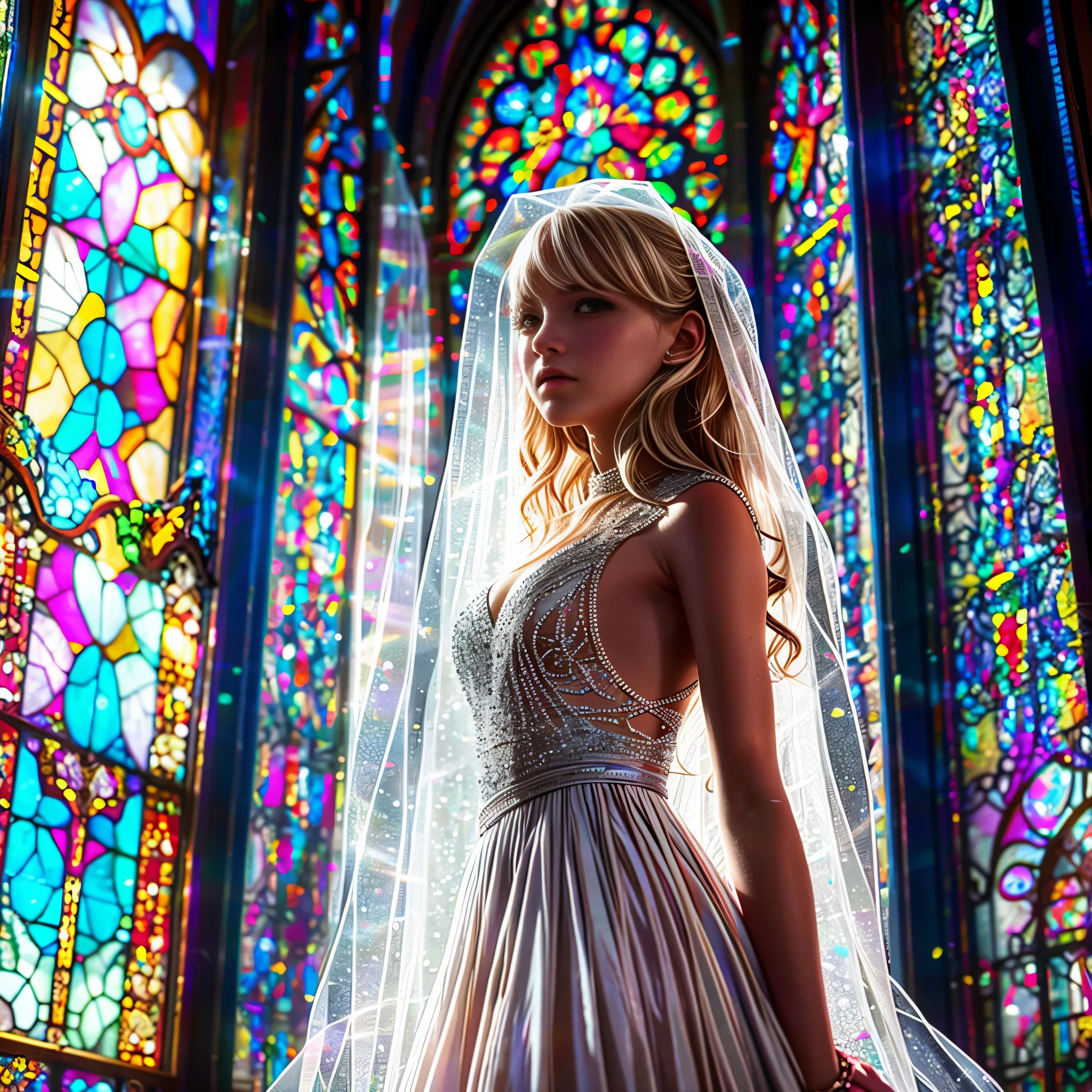  (Cathedral from below:1.28) (ZoomLayer) TopQuality 8K masterpiece of ((Professional photo)), (((Clarisse de Cagliostro))) (Detailed White WeddingDresses), Chain, (((Extremely detailed KAWAII face))) {((VeiledFace))|BlondeHair|(Elaborate BuleEyes)with(SparklingHighlights:1.28)}, The background is distant (((Elaborate stained glass))) Rainbow Glass, {(MysticSight)|EnchantingAtmosphere|Haze|(GodRays)|TyndallEffect}, Radiant PearlSkin with Transparency, (Exposed:0.39)