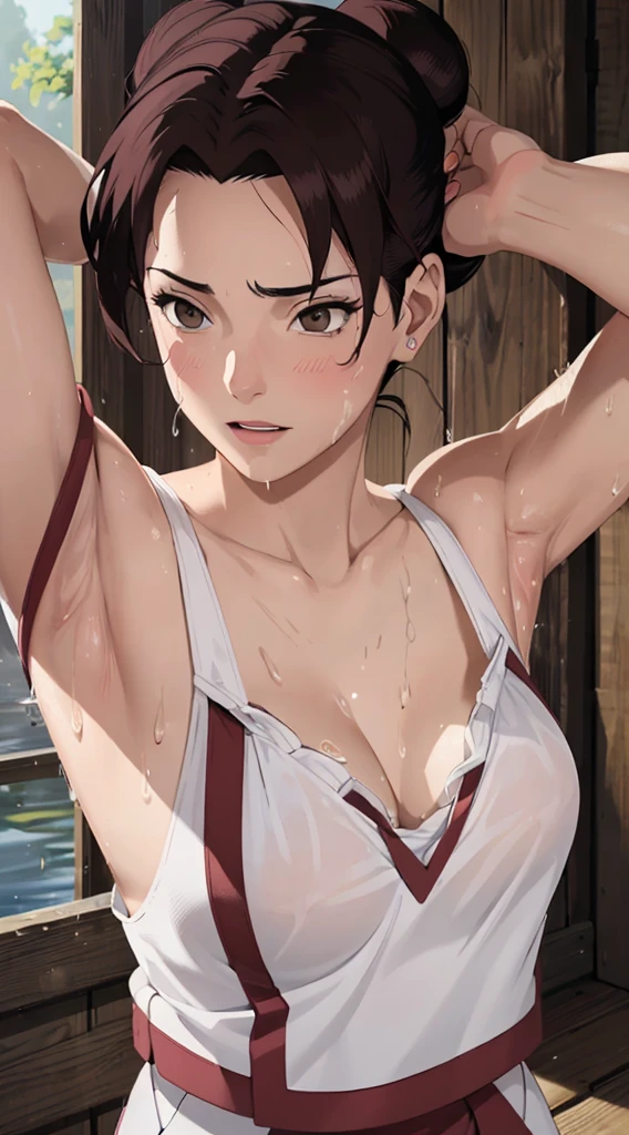 (tmasterpiece),one-girl, breast,(Be red in the face),Redlip,cleavage,(Off-the-shoulder attire:1.2),Bust photo,naruto,Long-lasting protection of the forehead,white clothes,looks into camera,sportrait,ssmile,Japanese-style ancestral hall,large gate,SakuraNS,4k quality,The most beautiful face,White skin of the, ((hd armpits)), ((super detailed armpits)), ((full of sweat)), sweaty, ((dripping wet armpits)), close up armpits, ((armpit_hair:1.3)), moles armpit, dripping wet armpits
