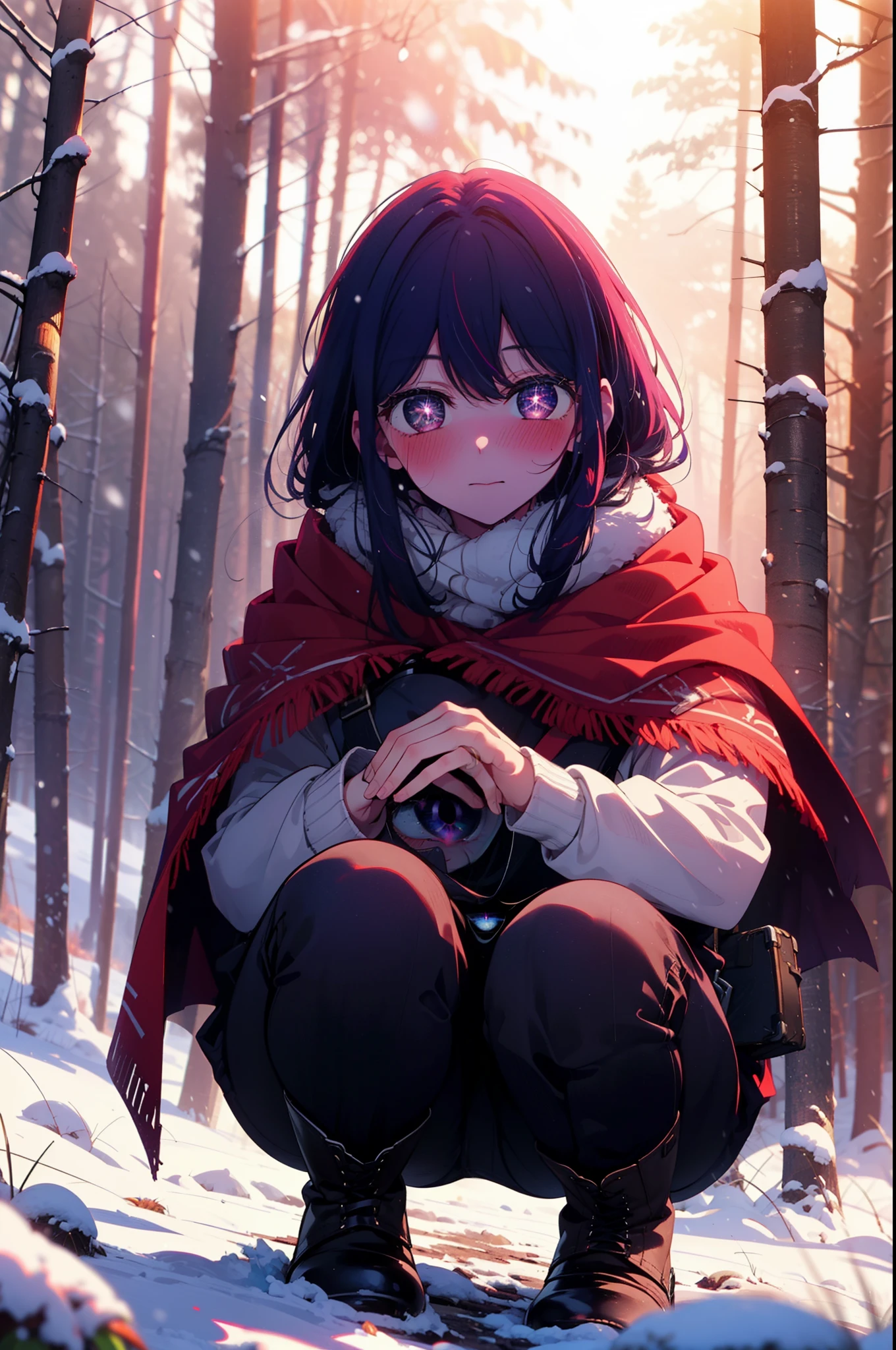 aihoshino, Ai Hoshino, Long Hair, bangs, (Purple eyes:1.1), Purple Hair, (Symbol-shaped pupil:1.5), smile,,smile,blush,white breath,
Open your mouth,snow,Ground bonfire, Outdoor, boots, snowing, From the side, wood, suitcase, Cape, Blurred, , forest, White handbag, nature,  Squat, Mouth closed, Cape, winter, Written boundary depth, Black shoes, red Cape break looking at viewer, Upper Body, whole body, break Outdoor, forest, nature, break (masterpiece:1.2), Highest quality, High resolution, unity 8k wallpaper, (shape:0.8), (Beautiful and beautiful eyes:1.6), Highly detailed face, Perfect lighting, Highly detailed CG, (Perfect hands, Perfect Anatomy),