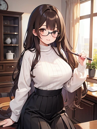 1 female、Brown haired、Brown eyes、Black-rimmed glasses、attractive 、Gorgeous face、Perfect body。Highest quality、Very detailed、8k resolution、RAW Photos、Tabletop。Laughter。sweater、Long skirt。Long Hair、Large Breasts