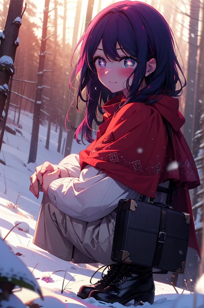 aihoshino, Ai Hoshino, Long Hair, bangs, (Purple eyes:1.1), Purple Hair, (Symbol-shaped pupil:1.5), smile,,smile,blush,white breath,
Open your mouth,snow,Ground bonfire, Outdoor, boots, snowing, From the side, wood, suitcase, Cape, Blurred, , forest, White handbag, nature,  Squat, Mouth closed, Cape, winter, Written boundary depth, Black shoes, red Cape break looking at viewer, Upper Body, whole body, break Outdoor, forest, nature, break (masterpiece:1.2), Highest quality, High resolution, unity 8k wallpaper, (shape:0.8), (Beautiful and beautiful eyes:1.6), Highly detailed face, Perfect lighting, Highly detailed CG, (Perfect hands, Perfect Anatomy),