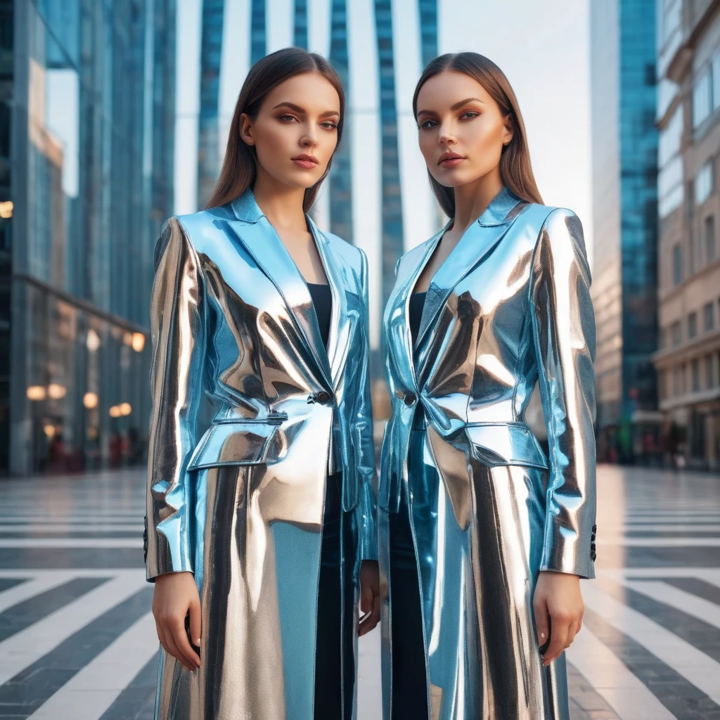Realistic photo, two twins woman, standig together in symmetrical pose, full shot, beutiful, twins, symmereical faces, Imersive symmetrical background of City, wearing identical clothes, they look kije mirror reflection, whole photo is symmetrical, raw photo, depth of field, 8k