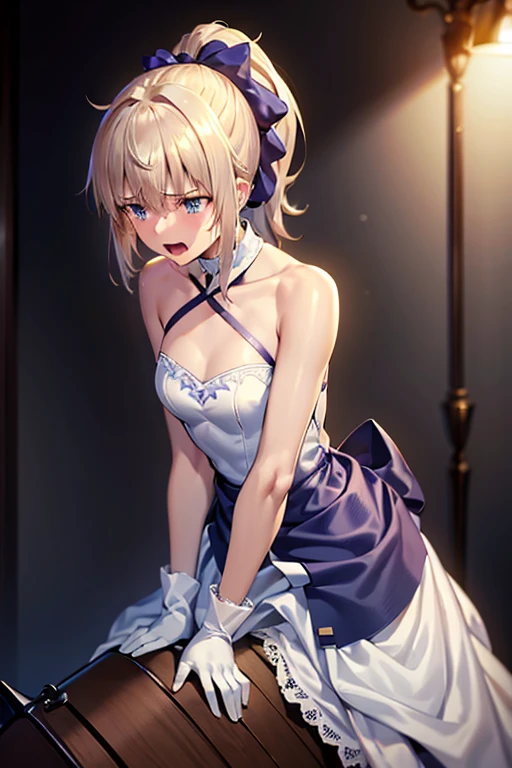 Highest quality, Tabletop,(Perfect hands, Perfect legs,Perfect Anatomy),Things to know, Not enough, One Girl, gloves, Elbow Groove, choker, White Dress, Official Alternative Costumes, chest, clavicle, ponytail, 白いgloves, chestの谷間, Strapless Dress, bow, Exposing shoulders, short hair, Parody, 青いchoker, Hair bow, Blue Ribbon, One Girl, Trojan horse, rubbing the crotch, Thought-provoking liquid, shibari,, Tabletop, Highest quality, Very detailed、(fold your hands behind your back:1.5)、Hmph, Large chest, Gray Hair, blue eyes, Focus on women, whole body, , Open your mouth, ,  juice, Sweat, trembling,(Straddling a Trojan horse:1.3)