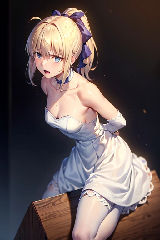 Highest quality, Tabletop,(Perfect hands, Perfect legs,Perfect Anatomy),Things to know, Not enough, One Girl, gloves, Elbow Groove, choker, White Dress, Official Alternative Costumes, chest, clavicle, ponytail, 白いgloves, chestの谷間, Strapless Dress, bow, Exposing shoulders, short hair, Parody, 青いchoker, Hair bow, Blue Ribbon, One Girl, Trojan horse, rubbing the crotch, Thought-provoking liquid, shibari,, Tabletop, Highest quality, Very detailed、(fold your hands behind your back:1.5)、Hmph, Large chest, Gray Hair, blue eyes, Focus on women, whole body, , Open your mouth, ,  juice, Sweat, trembling,(Straddling a Trojan horse:1.3)