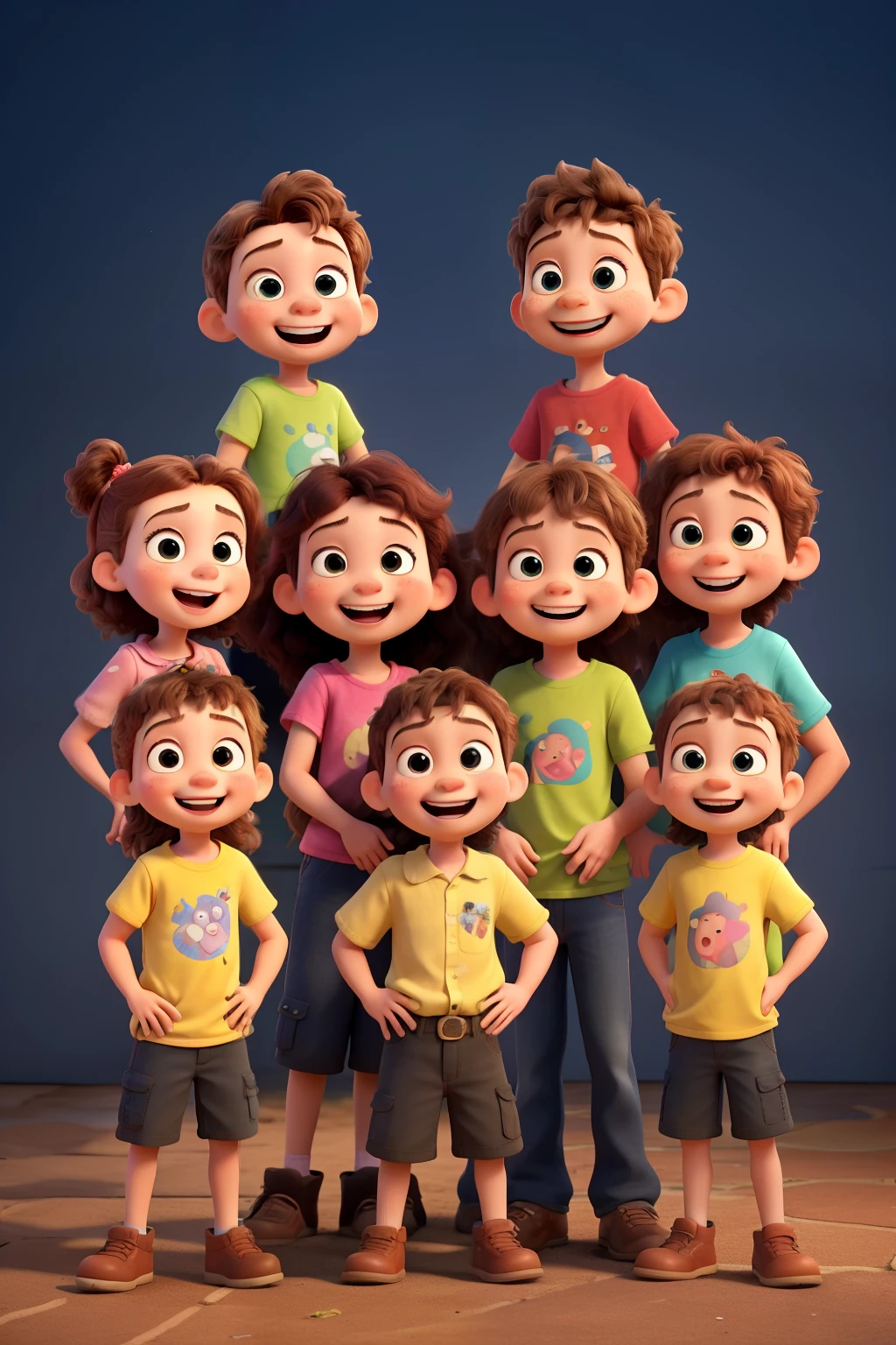Create a Pixar-style image of 6 children of different ages, standing close together, all happy. Each should have a unique facial expression, showing joy and innocence. All should have their arms raised, posing fun for a photo. The image should be colorful and vibrant, capturing a magical and lively moment. on one of their shirts it says children's network