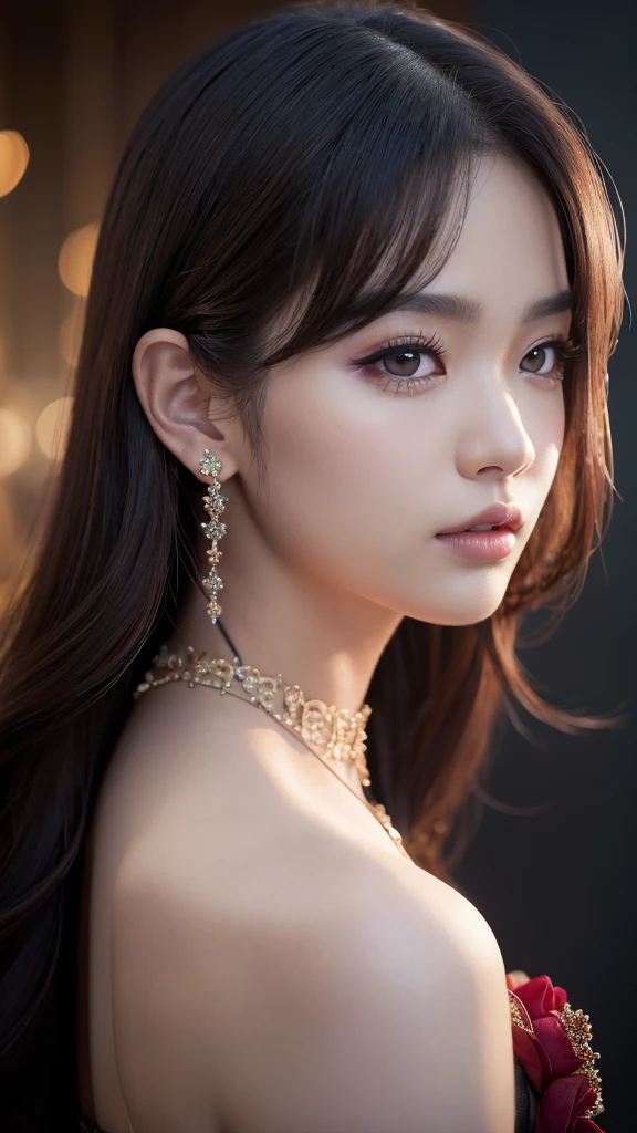 a intricate detailed portrait of Rose from Blackpink, 1girl, beautiful detailed eyes, beautiful detailed lips, extremely detailed face, longeyelashes, glamorous elegant pose, high fashion, luxury jewelry, soft dramatic lighting, cinematic camera angle, dark moody color palette, high contrast, photorealistic, (best quality,4k,8k,highres,masterpiece:1.2),ultra-detailed,(realistic,photorealistic,photo-realistic:1.37)