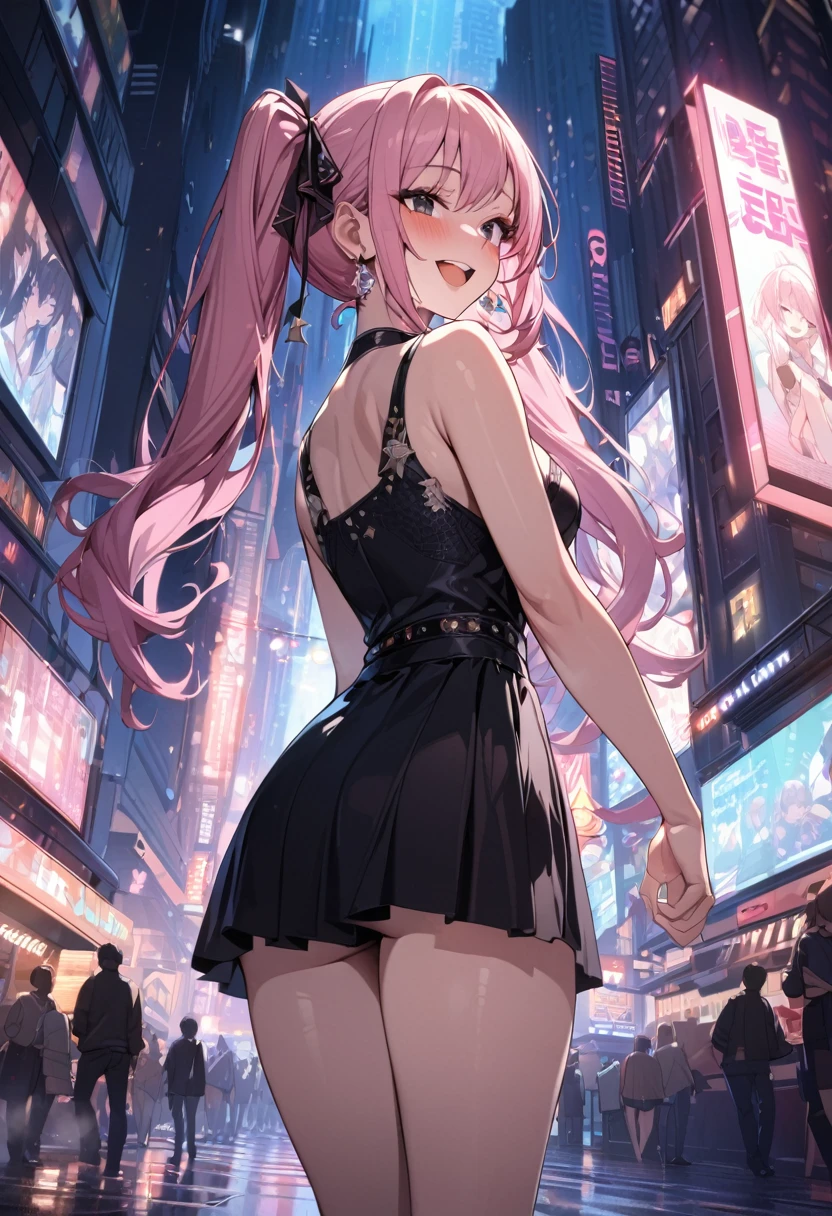 masterpiece, best quality, high quality, detailed, ultra detailed, hyper detailed, insanely detailed, exquisite, beautiful, FHD, Full-HD, 4K, 8K, 16K, highres, absurdres, woman, steam texture, at night, in the city, happy, laughing, standing, looking back, twintail, pink hair, black eyes, tall, slender, idol, hair ribbon, earrings, with a music player, japanese idol, cute face, dreamy atmosphere, light academia, full body shot, cowboy shot, from front, golden ratio, spot lighting