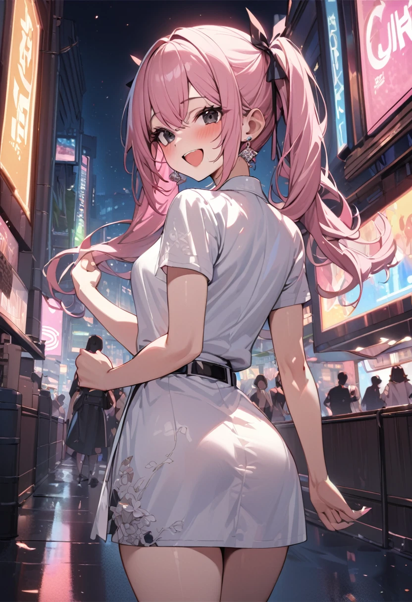 masterpiece, best quality, high quality, detailed, ultra detailed, hyper detailed, insanely detailed, exquisite, beautiful, FHD, Full-HD, 4K, 8K, 16K, highres, absurdres, woman, steam texture, at night, in the city, happy, laughing, standing, looking back, twintail, pink hair, black eyes, tall, slender, idol, hair ribbon, earrings, with a music player, japanese idol, cute face, dreamy atmosphere, light academia, full body shot, cowboy shot, from front, golden ratio, spot lighting