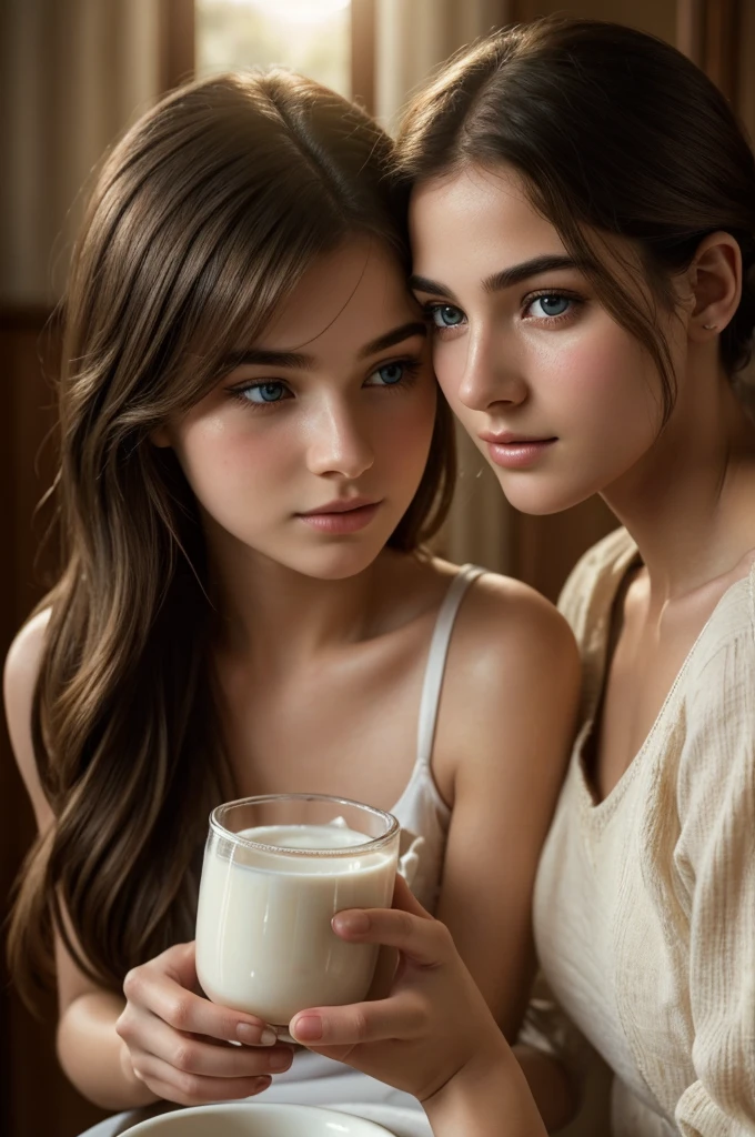 a young boy drinking milk from a 20 year old woman, beautiful detailed eyes, beautiful detailed lips, extremely detailed eyes and face, long eyelashes, photo-realistic, 8k, high quality, intricate details, warm lighting, detailed skin texture, realistic shadows, natural colors, soft focus, beautiful portrait, intimate moment
