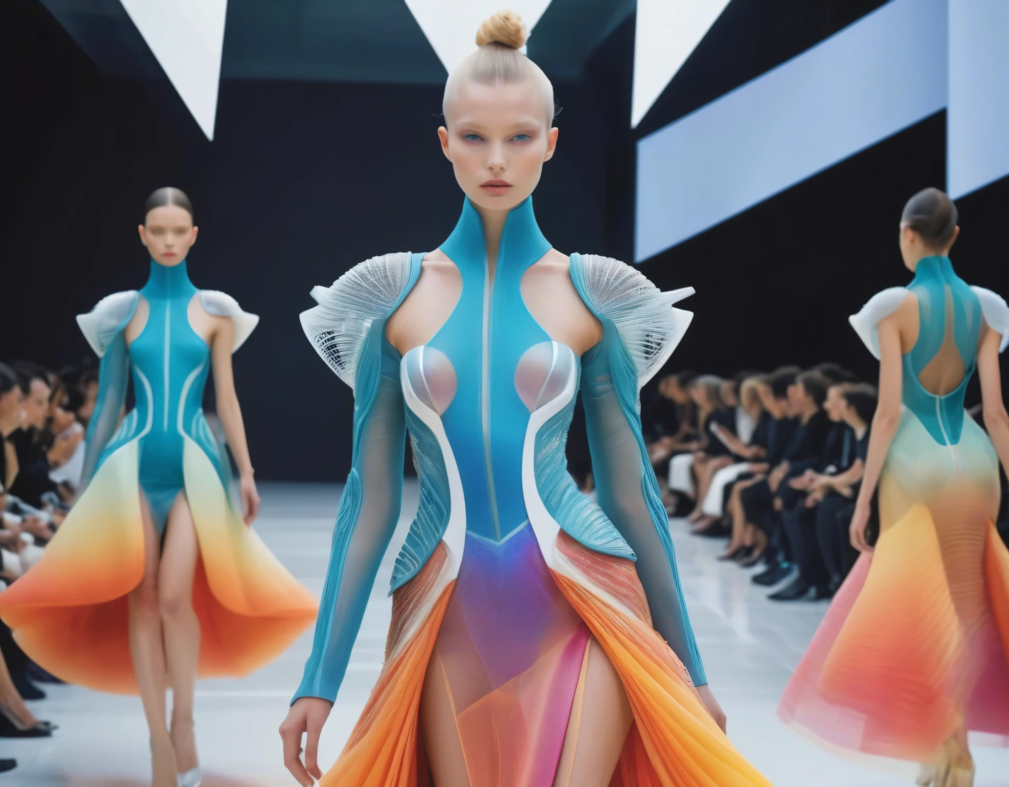 (masterpiece, best quality, hyper realistic, raw photo, photorealistic, ultra detailed, extremely detailed, intricately detailed), Avant-garde Fashion, haute couture fashion catwalk, surreal, very striking height of beauty, advanced new design technology, paris fashion week on a catwalk in paris fashion week 2050, futuristic fashion that offers extreme aesthetics, Future fashion, with timeless beauty and functionality, supermodel, Only one person appears in each cut, In a futuristic ballroom made of crystal and holograms, a model dances wearing a dress that seems to be made of living light, Every movement she makes sends ripples through her gown, creating symphonies of colors and patterns, The ambient light in the room adjusts in real-time to complement her aura, glide_fashion,A new level of fashion created using new material technology,