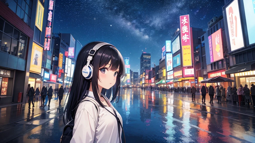 Standing in front of the entrance to Universal Studios Japan。A young girl with black hair wearing stylish clothes and headphones labeled "lo-fi"
The girl is shown in profile, gazing into the distance with a calm, relaxed expression
Background depicts the iconic scenery of Namba, Osaka at night, without any text on signs
A starry night sky adding to the peaceful atmosphere
Overall mood is quiet and serene, perfect for lo-fi music
Detailed hair rendering and careful attention to the girl's fashionable outfit
The entire scene should evoke a relaxing, introspective feeling associated with lo-fi music