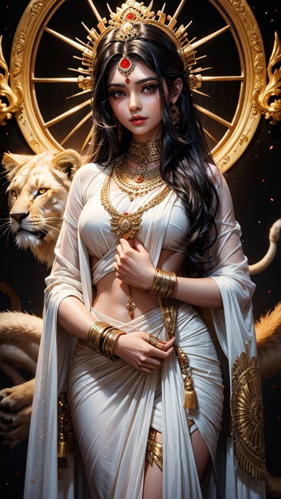 Sexy hot hindu female gods white outfit long black hair holding trishul nearly lion beautiful face full HD