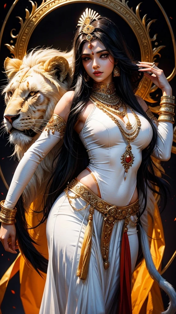 Sexy hot hindu female gods white outfit long black hair holding trishul nearly lion beautiful face full HD