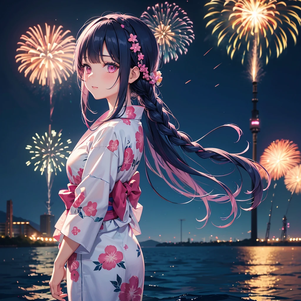 Sky Blue Medium Hair, (Braided hair),(Pink Eyes),Fair skin ,(whole body),(1 girl)、Floral Yukata、summer night、Fireworks on the lake、Big fireworks、Straight bangs,(masterpiece, Highest quality, Very detailed, Best Shadow), (Detailed Background), (Beautifully detailed face), High Contrast, (Best lighting, Very delicate and beautiful), ((Cinematic Light)), colorful, Hyper Detail 8k, Dramatic Light, Intricate details,Fireworks light reflected on the water