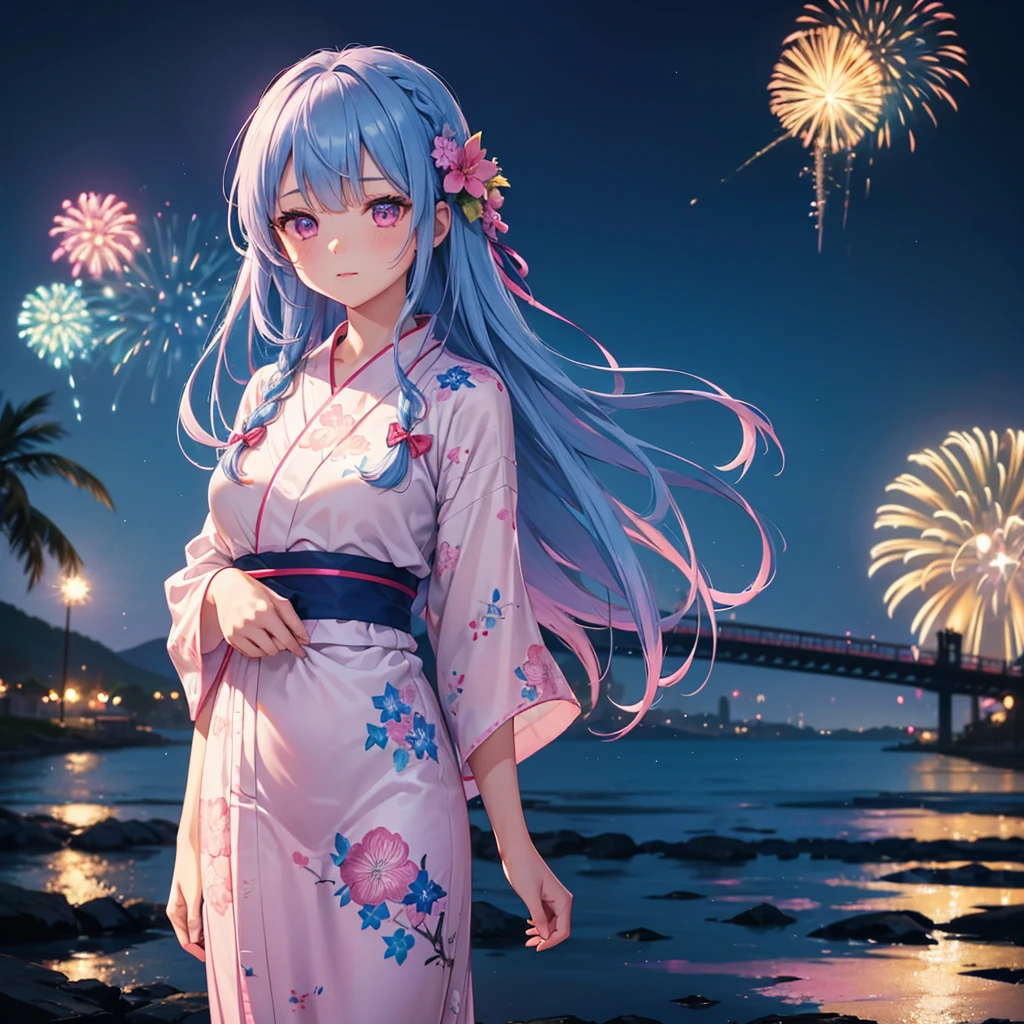 Sky Blue Medium Hair, (Braided hair),(Pink Eyes),Fair skin ,(whole body),(1 girl)、Floral Yukata、summer night、Fireworks on the lake、Big fireworks、Straight bangs,(masterpiece, Highest quality, Very detailed, Best Shadow), (Detailed Background), (Beautifully detailed face), High Contrast, (Best lighting, Very delicate and beautiful), ((Cinematic Light)), colorful, Hyper Detail 8k, Dramatic Light, Intricate details,Fireworks light reflected on the water