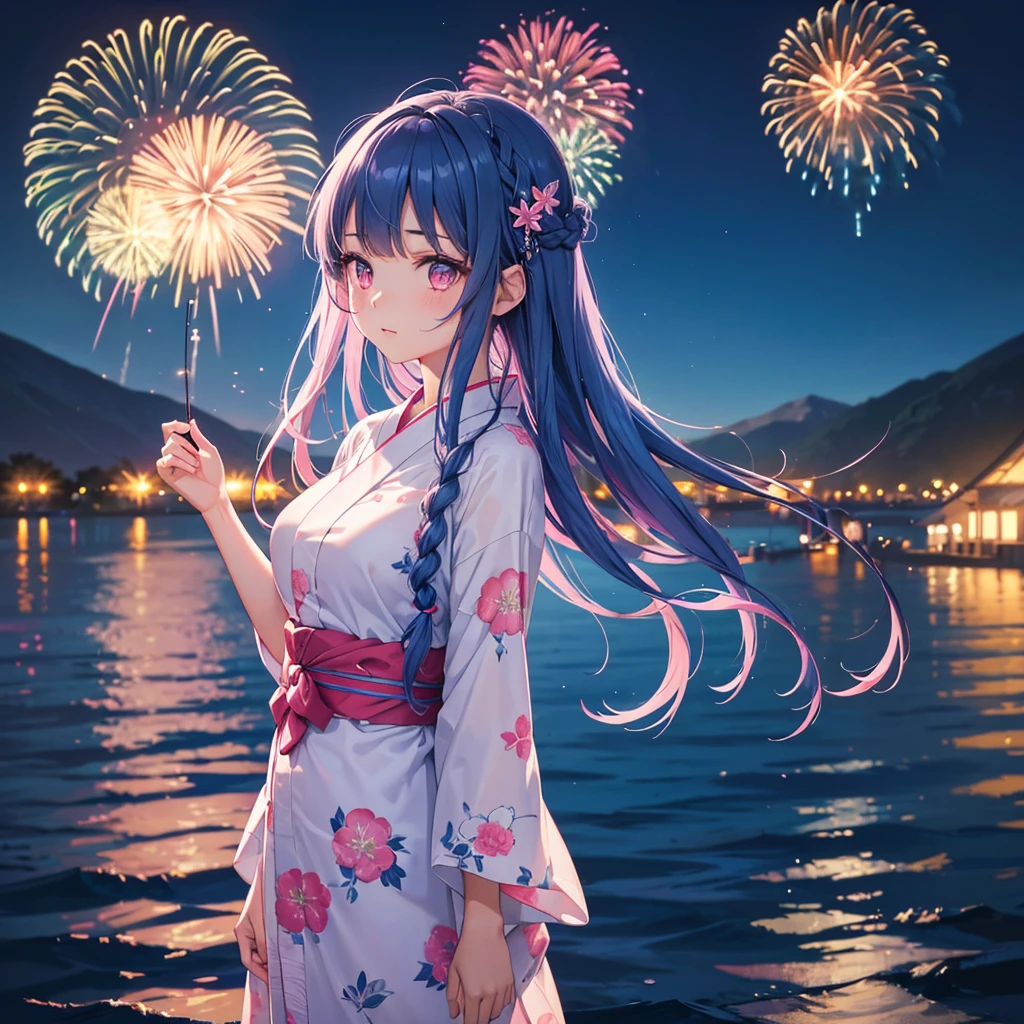 Sky Blue Medium Hair, (Braided hair),(Pink Eyes),Fair skin ,(whole body),(1 girl)、Floral Yukata、summer night、Fireworks on the lake、Big fireworks、Straight bangs,(masterpiece, Highest quality, Very detailed, Best Shadow), (Detailed Background), (Beautifully detailed face), High Contrast, (Best lighting, Very delicate and beautiful), ((Cinematic Light)), colorful, Hyper Detail 8k, Dramatic Light, Intricate details,Fireworks light reflected on the water