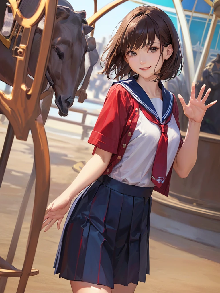 (Highest quality、8k、32K、masterpiece)、(Realistic)、(Realistic:1.2)、(High resolution)、Very detailed、Very beautiful face and eyes、(((Women's Solo Shot)))、Tight waist、(Highest quality、Attention to detail、Rich skin detail)、(Highest quality、8k、Oil paints:1.2)、(Realistic、Realistic:1.37)、Bright colors、(((Cowboy Shot)))、(((Bob Hair)))、(((Medium Hair)))、(((He has a happy face.)))、((smile))、(((Brown Hair)))、((Collared short-sleeved shirt, Sailor suit, Navy blue checkered pleated skirt, Red tie), )、(((Park during the day)))、(((Waving right hand)))、(((I can see the merry-go-round)))、(((I'm at the amusement park)))、(((Teeth are visible)))