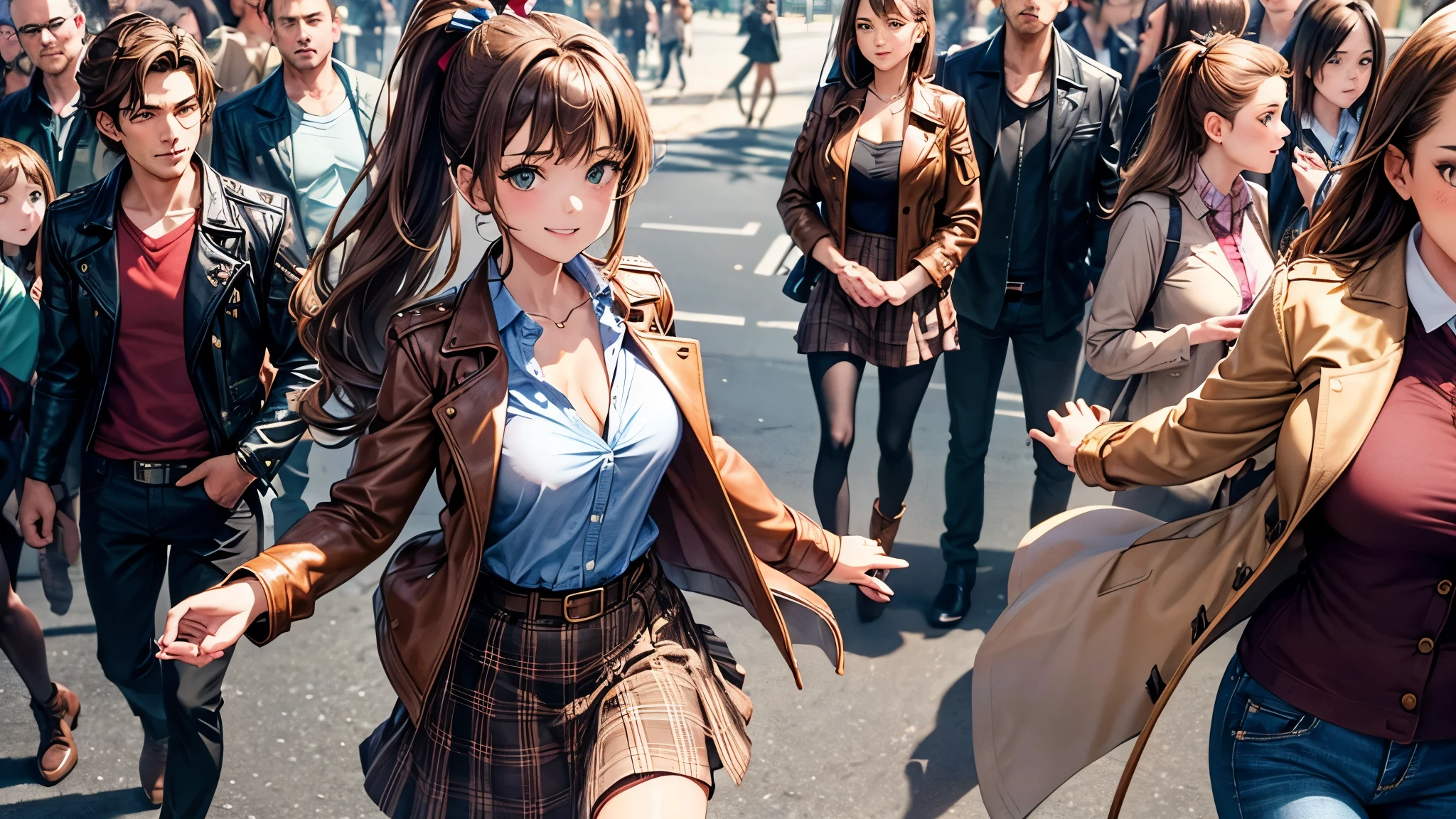 1girl, full body, town, crowd, walking, ((brown hair)), ponytail, large breasts, ((brown leather jacket)), button down shirt, ((blue checked shirt)), ((unbuttoned shirt)), unbuttoning buttons, cleavage 1:3, green eyes, long skirt, brown boots, smile, happy, looking at the viewer, standing, hair ribbon, golden necklate