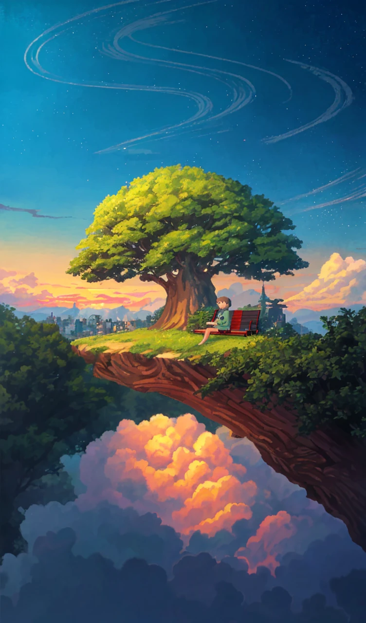 **A cute 20-year-old woman with short hair slightly blowing in the wind is sitting on a park bench, drinking from a can of beer. Next to her sits a white dog. There are tree shadows, streetlamp lights, and tall buildings in the distance, Synthwave, tropical sunset, Retrofuturism, DVD screengrab from studio ghibli movie, by Hayao Miyazaki, retro anime --ar 3:4 --v 6.0** - Image #1 <