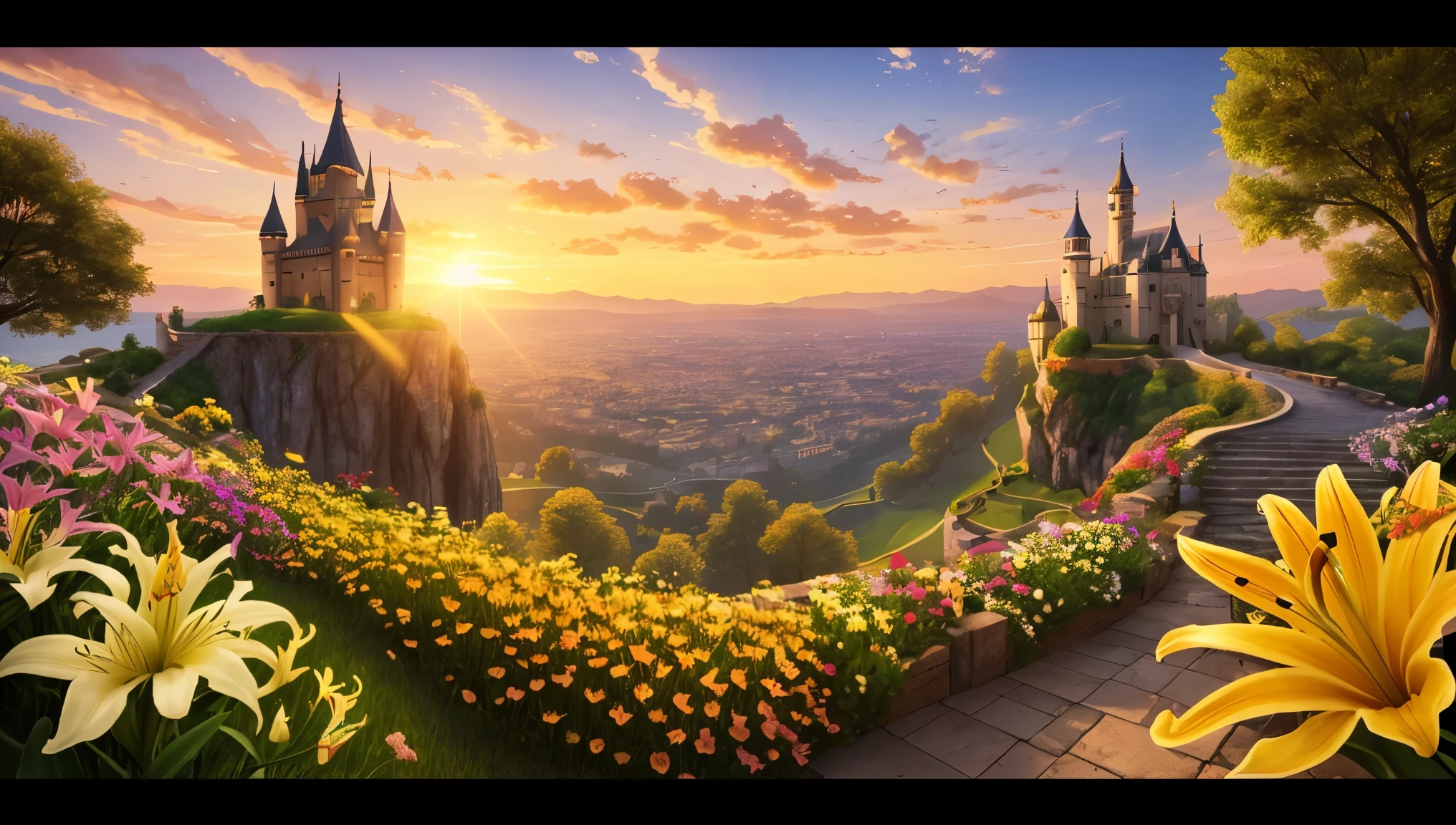 19. Castle at Sunset: The flower castle is bathed in the golden light of the setting sun, with Lily and the kitten sitting on the castle wall, enjoying the beautiful view.
Template:
1. Background: Castle at sunset.
2. Main Characters: Lily and the kitten.
3. Props: Flower basket.
4. Environmental Details: Peaceful and breathtaking.
5. Colors: Warm and golden