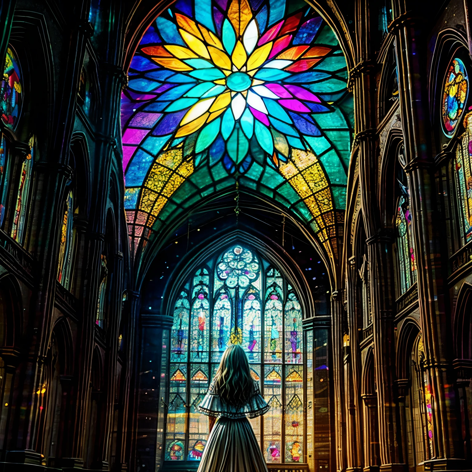  (Cathedral from below:1.28) (ZoomLayer) TopQuality 8K masterpiece of ((Professional photo)), (((Clarisse de Cagliostro))) (Detailed White WeddingDresses), Chain, (((Extremely detailed KAWAII face))) {((VeiledFace))|BlondeHair|(Elaborate BuleEyes)with(SparklingHighlights:1.28)}, The background is distant (((Elaborate stained glass))) Rainbow Glass, {(MysticSight)|EnchantingAtmosphere|Haze|(GodRays)|TyndallEffect}, Radiant PearlSkin with Transparency, (Exposed:0.39)