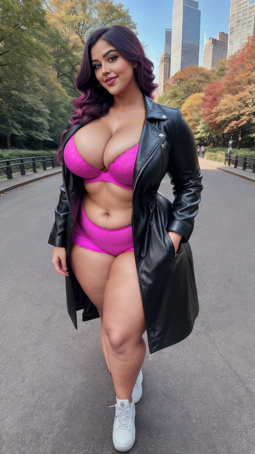 gorgeous curvy plus size Indian bengali actress ritavori , glowing eyes, wearing SHEIN Streecool Kids 1pc Teen Girls' Short PU Leather Motorcycle Jacket, Autumn/Winter Casual Coat , covered Bust, parted lips, blushing cheeks, thick thighs, bigger waist, busty, curvy plus size body, full body, full body shot, head to toe view, smoothning burgendy color hair with pfrench braid hairstyle, hourglass body, curvy plus size body, smile face, bigger waist, busty, big hips, fleshy thighs, thick thighs, busty, full body view, Central Park, New York City, USA: Lush greenery amidst the urban skyline.
