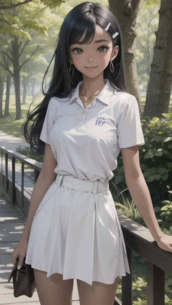 ((best quality)), ((masterpiece)), (details), one girl, sexy ((best quality)), ((masterpiece)), (details), one girl, sexy ((best quality)), ((masterpiece)), (details), one girl, full body, sexy expensive body, expensive, long legs, mature woman, mature, adult, it_nagatoro_main, Hayase Nagatoro, one girl, blushing, alone, white polo shirt, short sleeves, black hair,brown eyes, hair accessory, looking at viewer, hair clip, smiling, long hair, dark skinned woman, dark skin, , bangs, daytime, skirt, collared shirt, collarbone, ear clip, mouth closed, tree, asymmetrical bangs, upper body