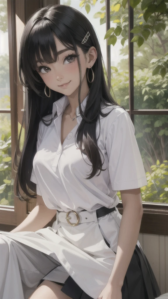 ((best quality)), ((masterpiece)), (details), one girl, sexy ((best quality)), ((masterpiece)), (details), one girl, sexy ((best quality)), ((masterpiece)), (details), one girl, full body, sexy expensive body, expensive, long legs, mature woman, mature, adult, it_nagatoro_main, Hayase Nagatoro, one girl, blushing, alone, white polo shirt, short sleeves, black hair,brown eyes, hair accessory, looking at viewer, hair clip, smiling, long hair, dark skinned woman, dark skin, , bangs, daytime, skirt, collared shirt, collarbone, ear clip, mouth closed, tree, asymmetrical bangs, upper body