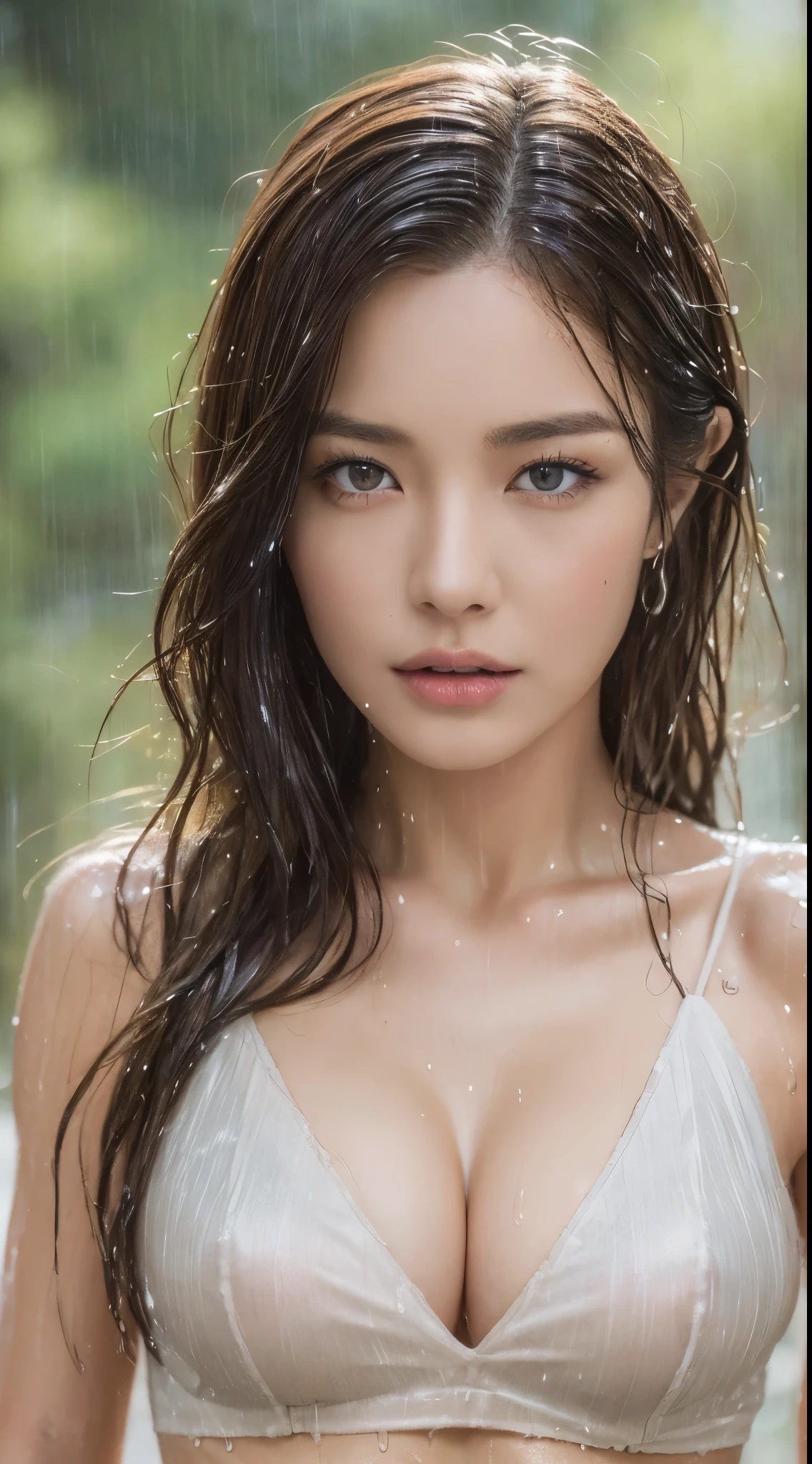 (Highest quality, 4K, masterpiece :1.3), Beautiful woman, One girl, (chest, Attractive body :1.2), Abdominal muscles :1.1, Dark brown hair: 1.1, (It rained and I got wet, Raindrops, Wet body :1.2), Highly detailed face, Detailed lips, Detailed eyes, double eyelid