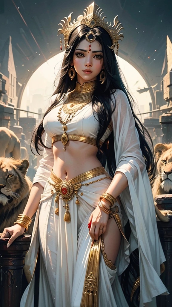 Sexy hot hindu female gods white outfit long black hair holding trishul nearly lion beautiful face full HD