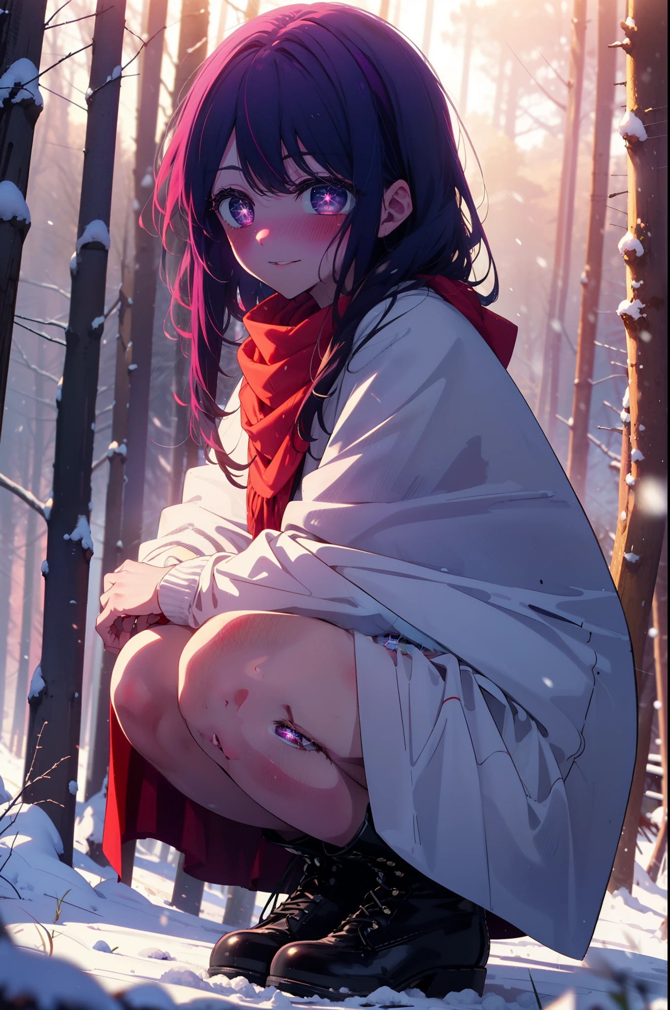 aihoshino, Ai Hoshino, Long Hair, bangs, (Purple eyes:1.1), Purple Hair, (Symbol-shaped pupil:1.5), smile,,smile,blush,white breath,
Open your mouth,snow,Ground bonfire, Outdoor, boots, snowing, From the side, wood, suitcase, Cape, Blurred, , forest, White handbag, nature,  Squat, Mouth closed, Cape, winter, Written boundary depth, Black shoes, red Cape break looking at viewer, Upper Body, whole body, break Outdoor, forest, nature, break (masterpiece:1.2), Highest quality, High resolution, unity 8k wallpaper, (shape:0.8), (Beautiful and beautiful eyes:1.6), Highly detailed face, Perfect lighting, Highly detailed CG, (Perfect hands, Perfect ???????),