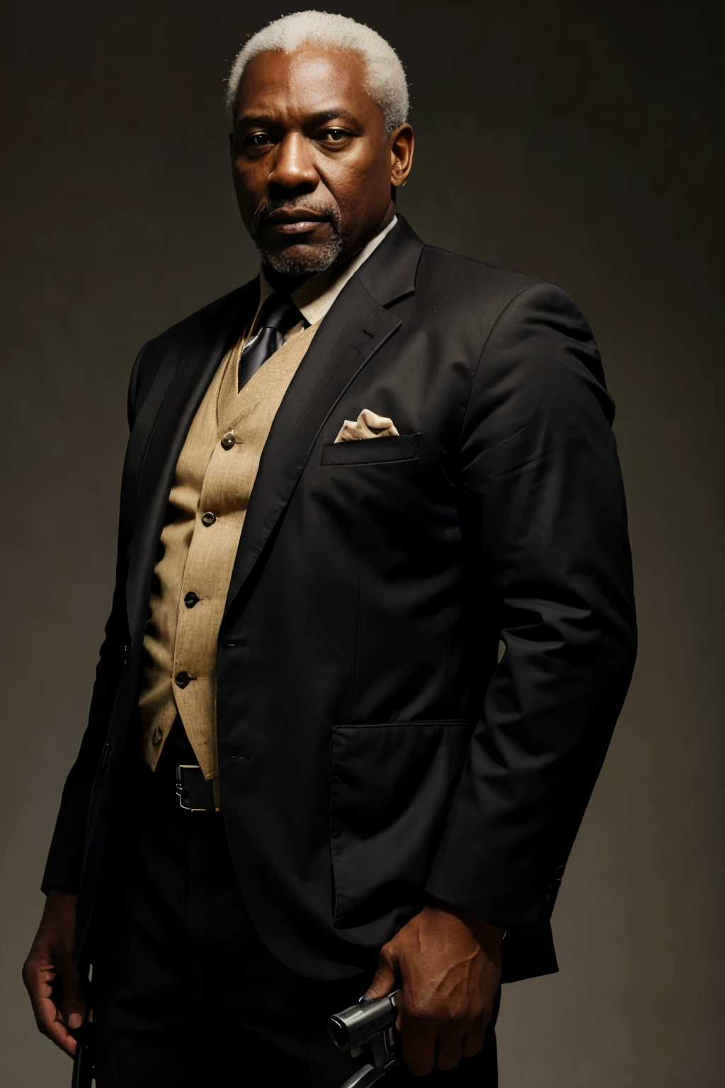 an old black man big boss with gun wearing a stylish blazer, full body, neutral background Photorealistic, ultrarealistic | | | | |,