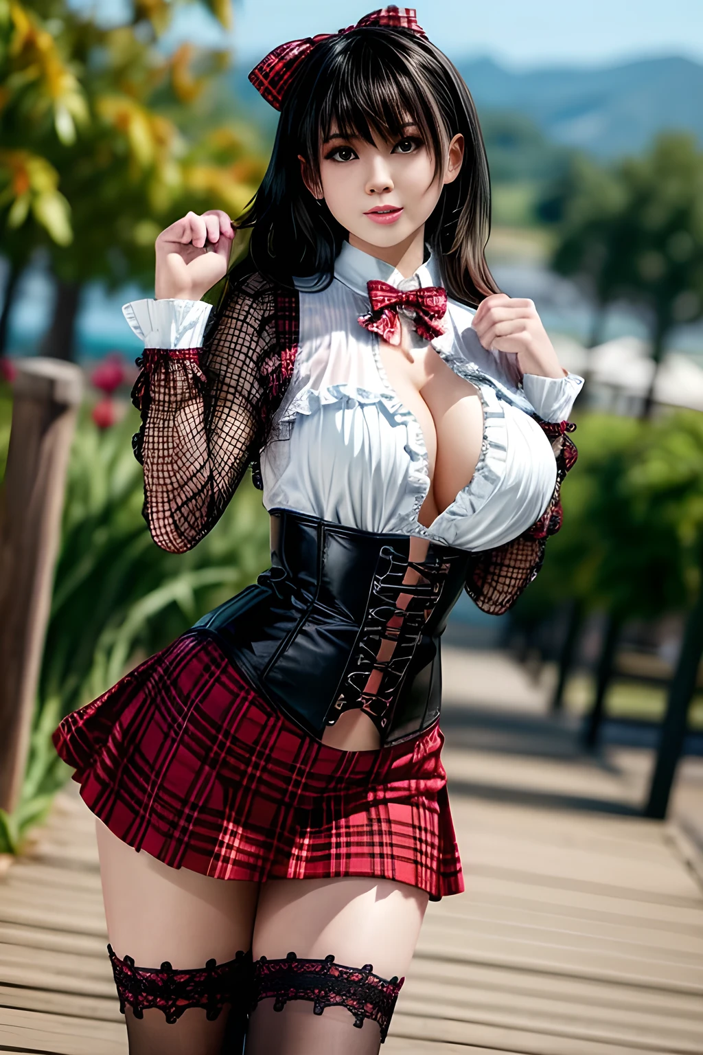 1girl, wearing a red and black plaid skirt with white ruffles. She is also wearing a white long-sleeved shirt with a red plaid bow tie. In addition, she has a black corset over the shirt with red lace. She is wearing a white tights. With a slight smile on her face, she exudes a cute and playful atmosphere.,,huge breasts,Nanami