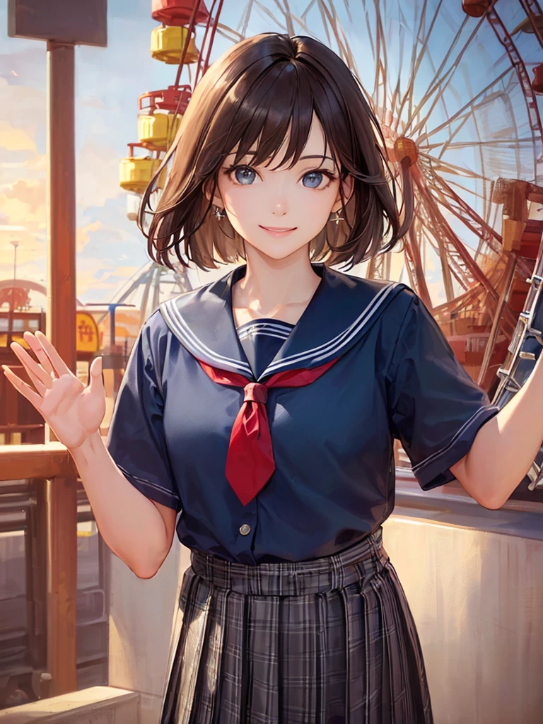 (Highest quality、8k、32K、masterpiece)、(Realistic)、(Realistic:1.2)、(High resolution)、Very detailed、Very beautiful face and eyes、(((Women's Solo Shot)))、Tight waist、(Highest quality、Attention to detail、Rich skin detail)、(Highest quality、8k、Oil paints:1.2)、(Realistic、Realistic:1.37)、Bright colors、(((Cowboy Shot)))、(((Bob Hair)))、(((Medium Hair)))、(((He has a happy face.)))、((smile))、(((Brown Hair)))、((Collared short-sleeved shirt, Sailor suit, Navy blue checkered pleated skirt, Red tie), )、(((Park during the day)))、(((Waving right hand)))、(((You can see the Ferris wheel)))、(((I'm at the amusement park)))、(((Teeth are visible)))