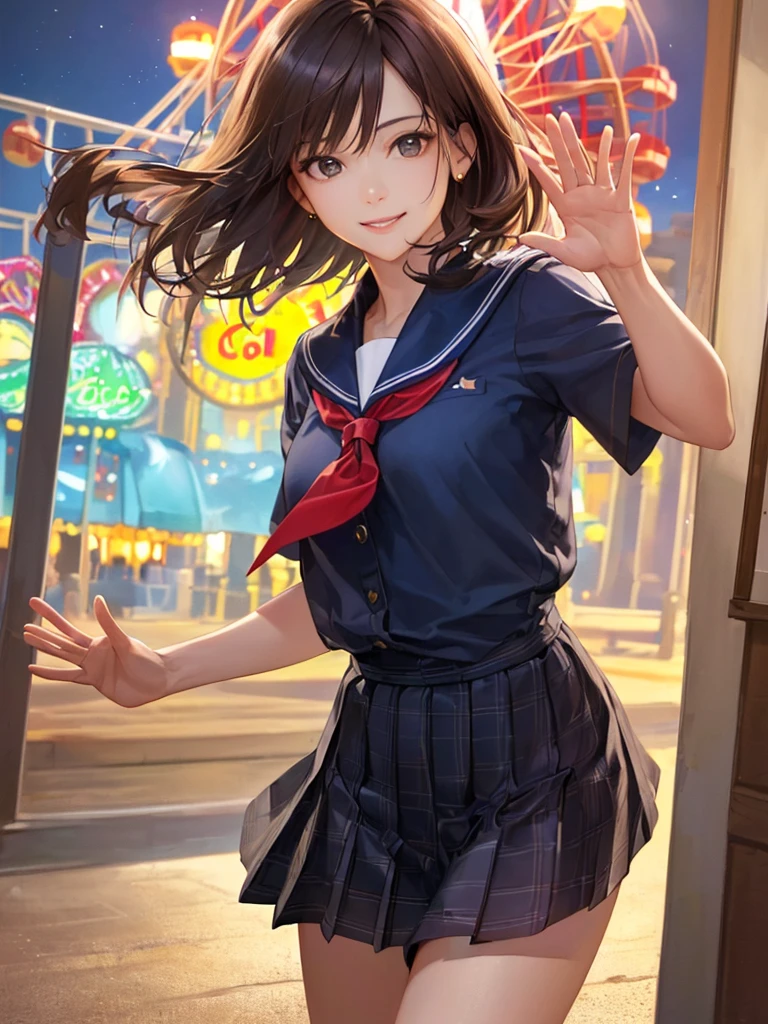 (Highest quality、8k、32K、masterpiece)、(Realistic)、(Realistic:1.2)、(High resolution)、Very detailed、Very beautiful face and eyes、(((Women's Solo Shot)))、Tight waist、(Highest quality、Attention to detail、Rich skin detail)、(Highest quality、8k、Oil paints:1.2)、(Realistic、Realistic:1.37)、Bright colors、(((Cowboy Shot)))、(((Bob Hair)))、(((Medium Hair)))、(((He has a happy face.)))、((smile))、(((Brown Hair)))、((Collared short-sleeved shirt, Sailor suit, Navy blue checkered pleated skirt, Red tie), )、(((Park during the day)))、(((Waving right hand)))、(((You can see the Ferris wheel)))、(((I'm at the amusement park)))、(((Teeth are visible)))
