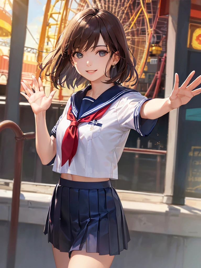 (Highest quality、8k、32K、masterpiece)、(Realistic)、(Realistic:1.2)、(High resolution)、Very detailed、Very beautiful face and eyes、(((Women's Solo Shot)))、Tight waist、(Highest quality、Attention to detail、Rich skin detail)、(Highest quality、8k、Oil paints:1.2)、(Realistic、Realistic:1.37)、Bright colors、(((Cowboy Shot)))、(((Bob Hair)))、(((Medium Hair)))、(((He has a happy face.)))、((smile))、(((Brown Hair)))、((Collared short-sleeved shirt, Sailor suit, Navy blue checkered pleated skirt, Red tie), )、(((Park during the day)))、(((Waving right hand)))、(((You can see the Ferris wheel)))、(((I'm at the amusement park)))、(((Teeth are visible)))
