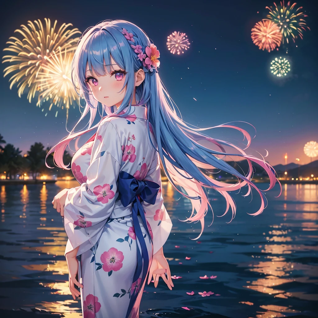Sky Blue Medium Hair, (Braided hair),(Pink Eyes),Fair skin ,(whole body),(1 girl)、Floral Yukata、summer night、Fireworks on the lake、Big fireworks、Straight bangs,(masterpiece, Highest quality, Very detailed, Best Shadow), (Detailed Background), (Beautifully detailed face), High Contrast, (Best lighting, Very delicate and beautiful), ((Cinematic Light)), colorful, Hyper Detail 8k, Dramatic Light, Intricate details,Fireworks light reflected on the water