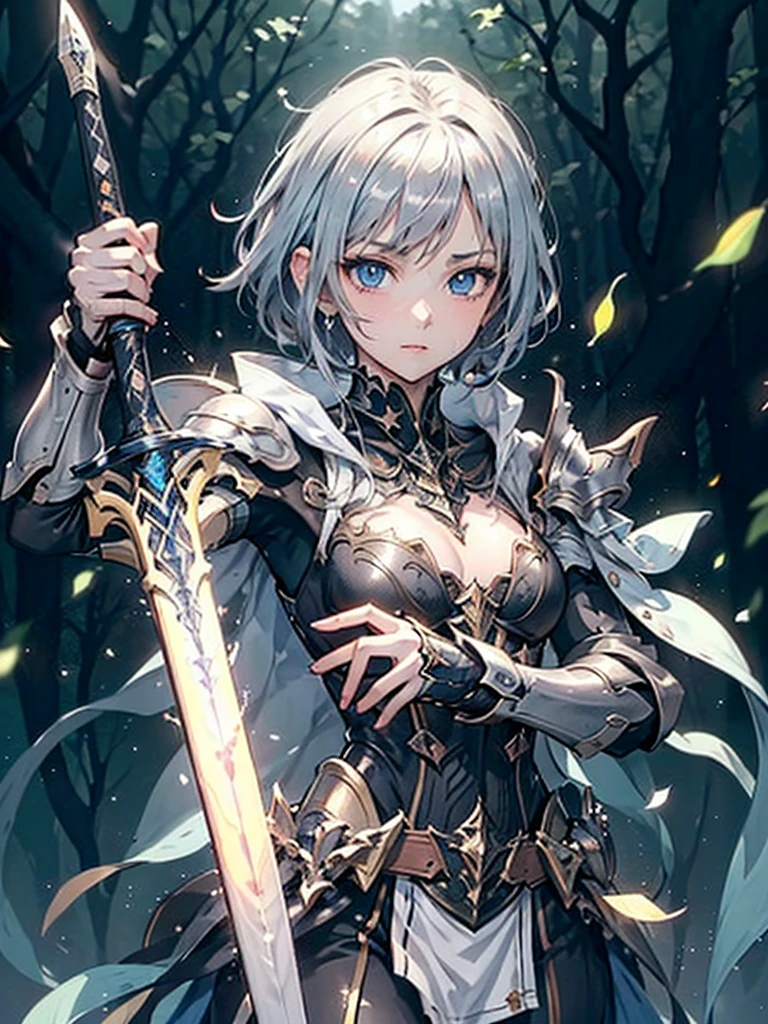 (fantasy art),(master piece),(anime style),high quality,(perfect anatomy),(perfect fingers),((1girl)),((solo)),(small breasts),slender body,silver short hair,((hand holding shining sword)),beautiful detailed blue eyes,beautiful detailed white armor,white loincloth,dynamic pose,high fantasy,magical colors and atmosphere,silky to the touch,film lighting,in the forest