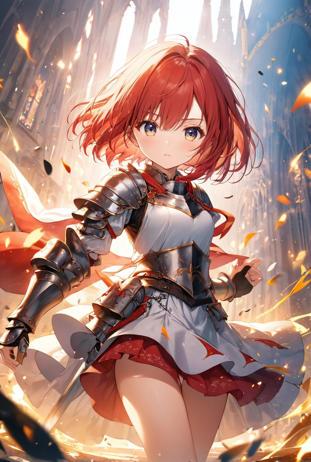 (Highest quality, 8k, 32K, masterpiece, Ultra-high resolution,:1.2),born, One girl,Super cute , Fantasy Background, Clear, shining eyes, Age 25 ,Fair skin, Girl with red hair, knight,, short hair, Hostile