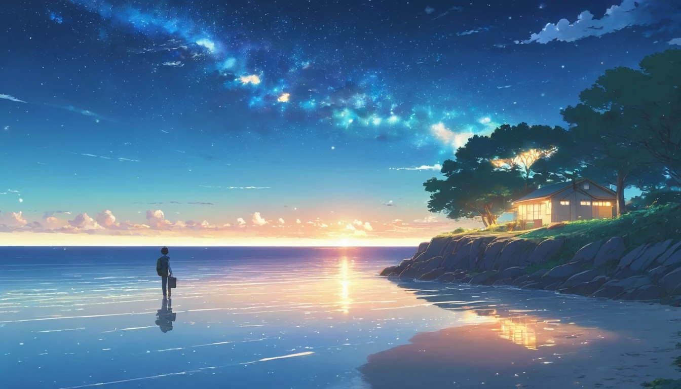 comic strip，Cartoon Split，Exceptional，Storyboard，Masterpiece, Anime college student standing by the sea, Bright starry sky. romantic couple, Makoto Shinkai's picture, Pisif, concept-art, Lofi art style, Reflection. By Makoto Shinkai, Lofi art, beautiful anime scenes, Anime landscape, Detailed scenery —width 672, in the style of makoto shinkai, Makoto Shinkai's style, Enhanced detail.