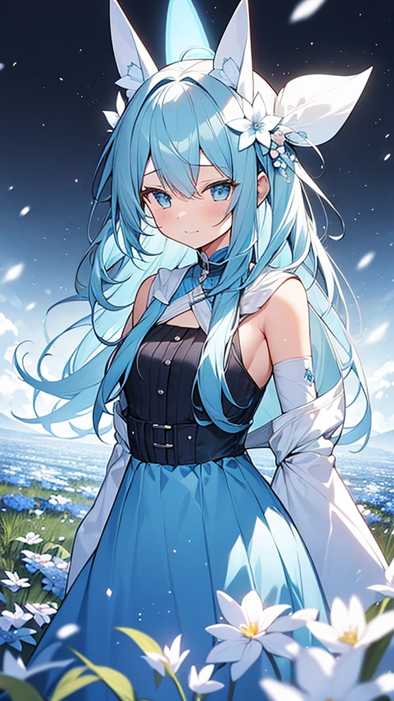 {{A doppelganger that preyed on a village girl and took her place}}，(Absurd, High resolution, Super detailed, 超High resolution, Cinematic), alone, One girl, mature, Happy, girl standing in Light blue flower field, Light blue flower petal surrounding girl, whole body, Girl with blue long hair, Light blue hair, Fantasy, dream-like, the snow&#39;s, Official Art, Pop Art, profile, Super detailed face, Super detailed eyes, Light blue flower field, Super detailed field, white blue sky, cold, Light blue, white,  Sky nebula, Blue Tree, watercolor, pastel colour，NSFW