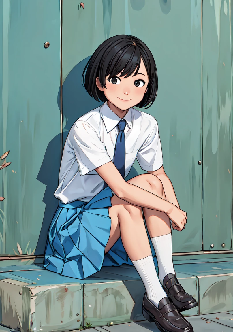 masterpiece, best quality, high quality, highres, absurdres, ultra-detailed, best anatomy, detailed eyes, perfect eyes, iwakura_mitsumi, short hair, bob cut, black eyes, small pupils, black hair, solo, 1girl, smile, skirt, shirt, , white shirt, pleated skirt, necktie, shoes, socks, blue skirt, brown footwear, red necktie, black socks, loafer, Leaning with one elbow on an invisible ledge, 