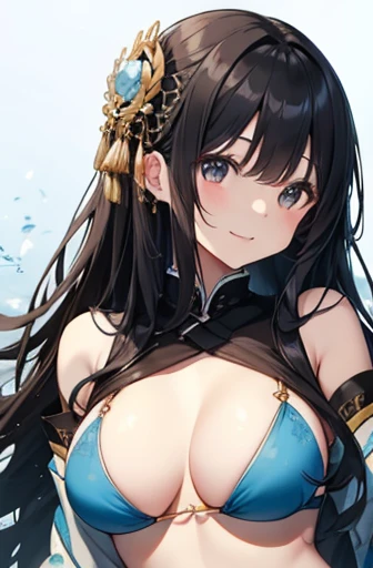 Highest quality、Very delicate and beautiful、Japanese、Long black hair、Burning idol pose、Light blue bikini、20th Generation、Are standing、Laughter、look forward to,Big Breasts