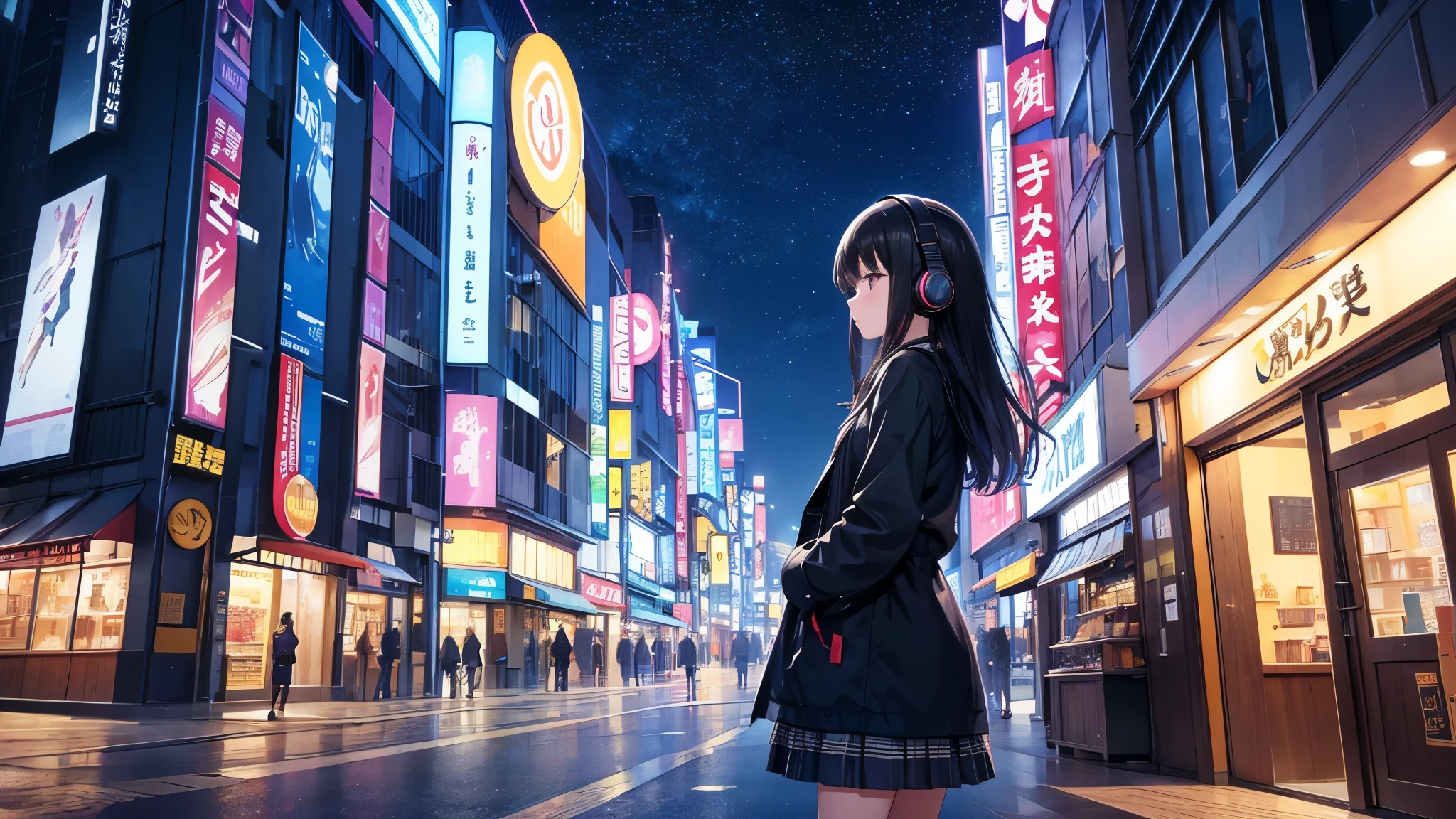 In front of the entrance of Universal Studios Japan. A young girl with black hair wearing stylish clothes and headphones labeled "lo-fi"
The girl is shown in profile, gazing into the distance with a calm, relaxed expression
Background depicts the iconic scenery of Namba, Osaka at night, without any text on signs
A starry night sky adding to the peaceful atmosphere
Overall mood is quiet and serene, perfect for lo-fi music
Detailed hair rendering and careful attention to the girl's fashionable outfit
The entire scene should evoke a relaxing, introspective feeling associated with lo-fi music
