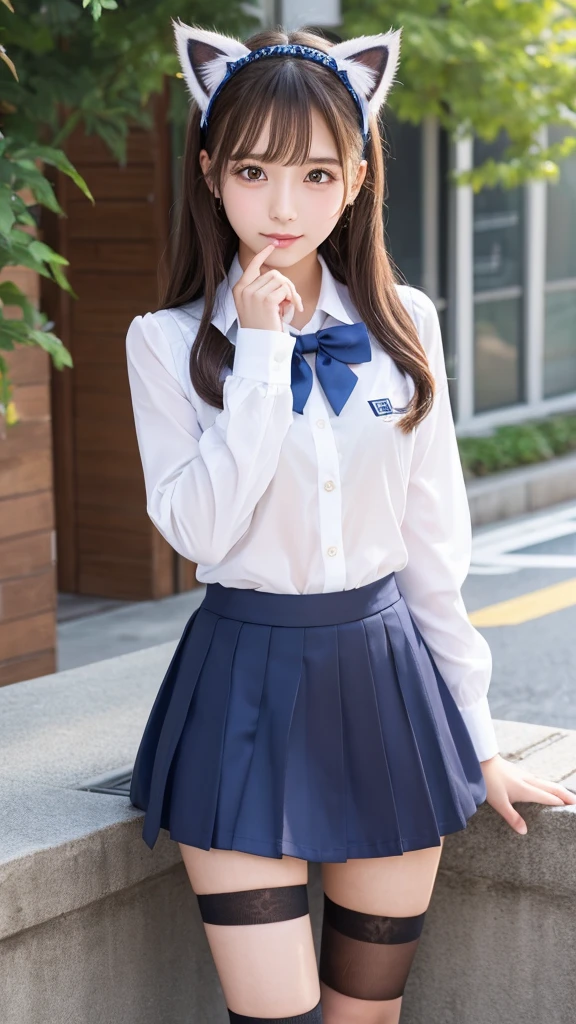 (Highest quality, masterpiece:1.2), Highest quality, Realistic, Neat 、Off-field、(Slime)、Realistic、detailed, Skin Texture, 超detailedな、Delicate and sexy collarbone、Laughter、非常にdetailedな顔、detailedな唇、detailedな目、Small breasts、Small breasts、Small shopping mall、Flat Chest、Face with emphasis on breasts、(( Are standing、 uniform、White panties visible through the skirt、Sheer white shirt、Navy blue ribbon on collar、She gently lifts the hem of her navy blue pleated microskirt with both hands....,,,))
