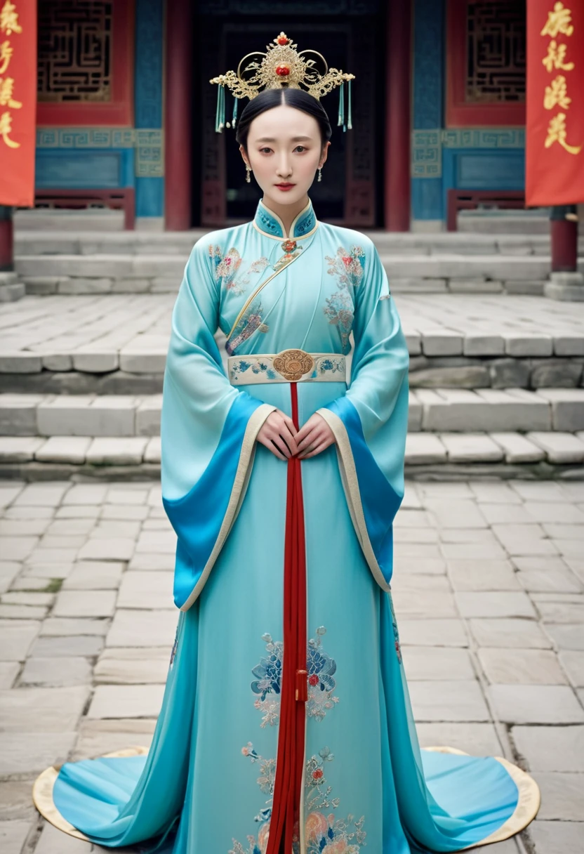 Chinese actress Zhou Xun in The Legend of Ruyi(Zhou Xun)Similar face seen from the front of the Qing Dynasty standing full body empress with big breasts, belly and hairy pussy　
Nude without underwear, hairstyle, Chinese empress wearing large crown, outside the palace of the Qing Dynasty, stone paving