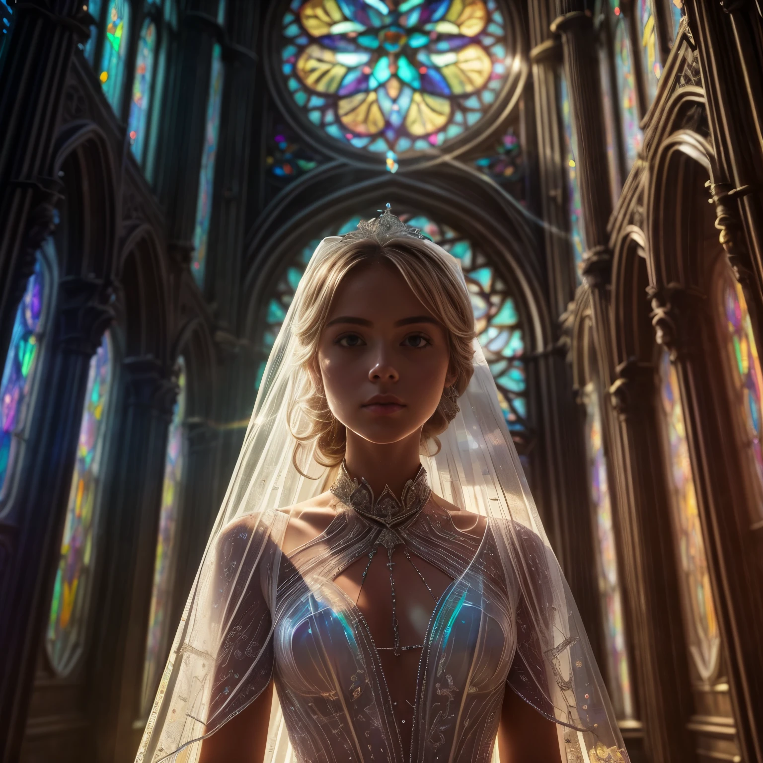  (Cathedral from below:1.28) (ZoomLayer) TopQuality 8K masterpiece of ((Professional photo)), (((Clarisse de Cagliostro))) (Detailed White WeddingDresses), Chain, (((Extremely detailed KAWAII face))) {((VeiledFace))|BlondeHair|(Elaborate BuleEyes)with(SparklingHighlights:1.28)}, The background is distant (((Elaborate stained glass))) Rainbow Glass, {(MysticSight)|EnchantingAtmosphere|Haze|(GodRays)|TyndallEffect}, Radiant PearlSkin with Transparency, (Exposed:0.39)