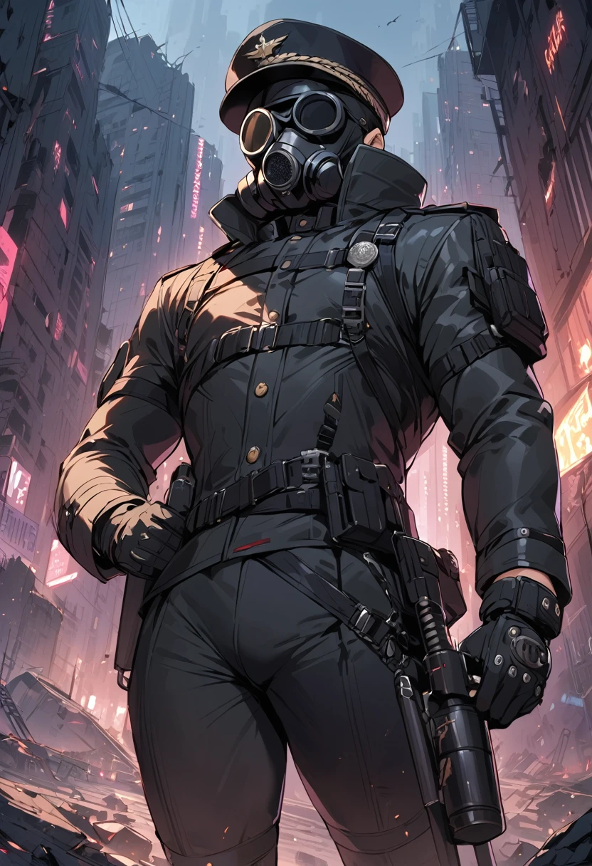 (masterpiece, best quality:1.1),(male officer),Kroenen,(black military cap,military Gasmask,many gear-shaped button,has tonfa-shaped sword,),cyberpunk nazi-uniform,thin body,ruins of a big city,