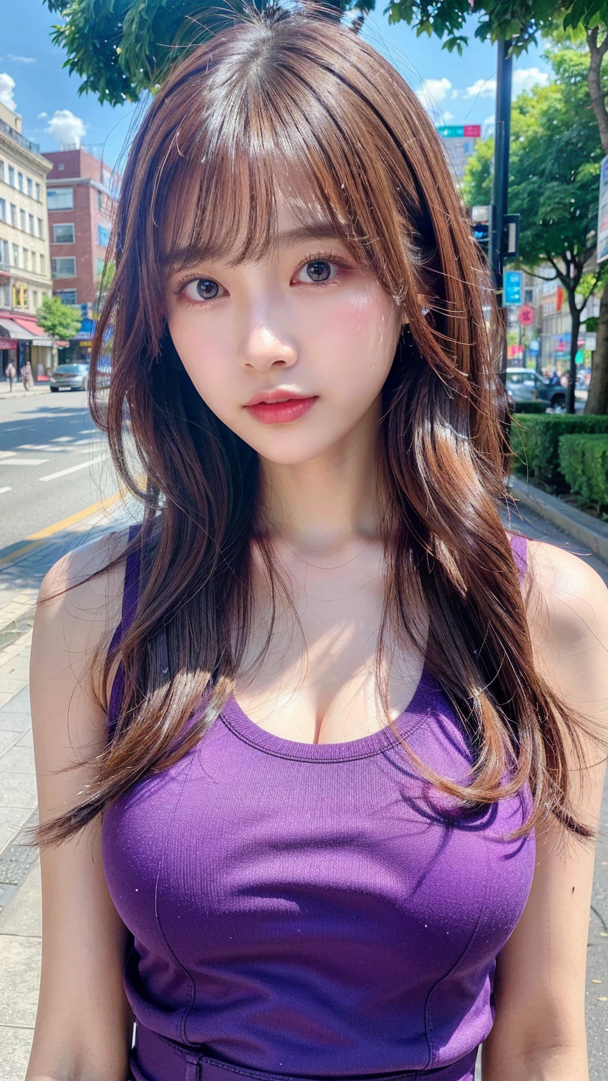 RAW photo, (best quality, 8k, 32k, masterpiece, UHD:1.2), ultra high resolution, (pretty a Korean early girl), 13 yrtrait, beautiful detailed eyes, semi long brown fluffy hair, bangs, (wearing purple tank-top), large breasts, cleavage, (crowded city boulevard on a bright sunny day:1.3), (detailed background:1.5)