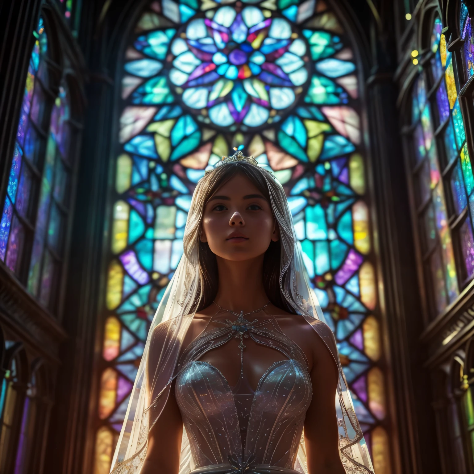  (Cathedral from below:1.28) (ZoomLayer) TopQuality 8K masterpiece of ((Professional photo)), (((Clarisse de Cagliostro))) (Detailed White WeddingDresses), Chain, (((Extremely detailed KAWAII face))) {((VeiledFace))|BlondeHair|(Elaborate BuleEyes)with(SparklingHighlights:1.28)}, The background is distant (((Elaborate stained glass))) Rainbow Glass, {(MysticSight)|EnchantingAtmosphere|Haze|(GodRays)|TyndallEffect}, Radiant PearlSkin with Transparency, (Exposed:0.39)